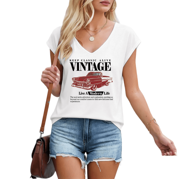 Cozymy Women's Keep Classic Alive Vintage Car Graphic V-Neck Sleeveless T-Shirt Retro Casual Breathable Style