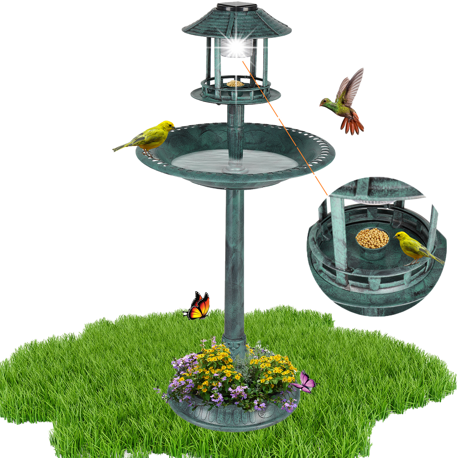 Seizeen Bird Bath Outdoors, 42''H Rustic Garden Birdbaths with Bird Feeder, Garden Decor w/Solar Light & Planter, Green - image 1 of 10