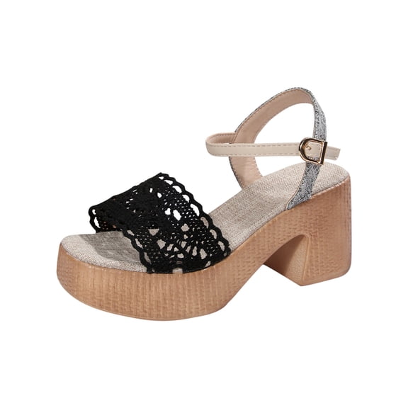 Black Women Mesh Breathable Sandals With Round Toe Open Toe For Leisure Activities One-Line Buckle Hollow Thick Heel Mesh Upper