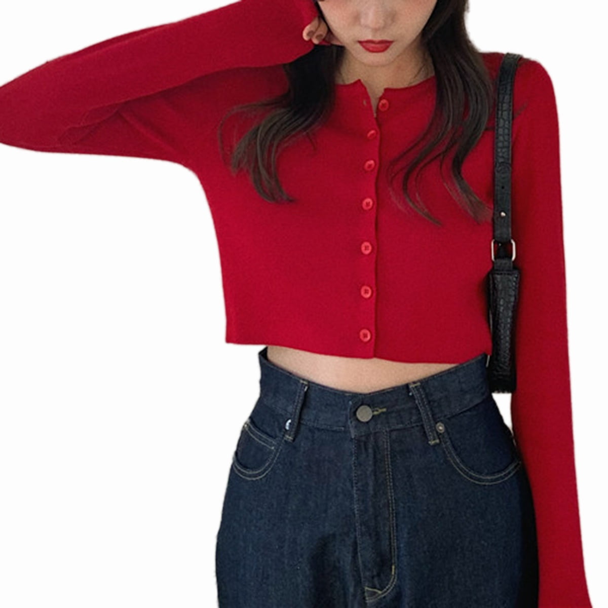 red cropped cardigan