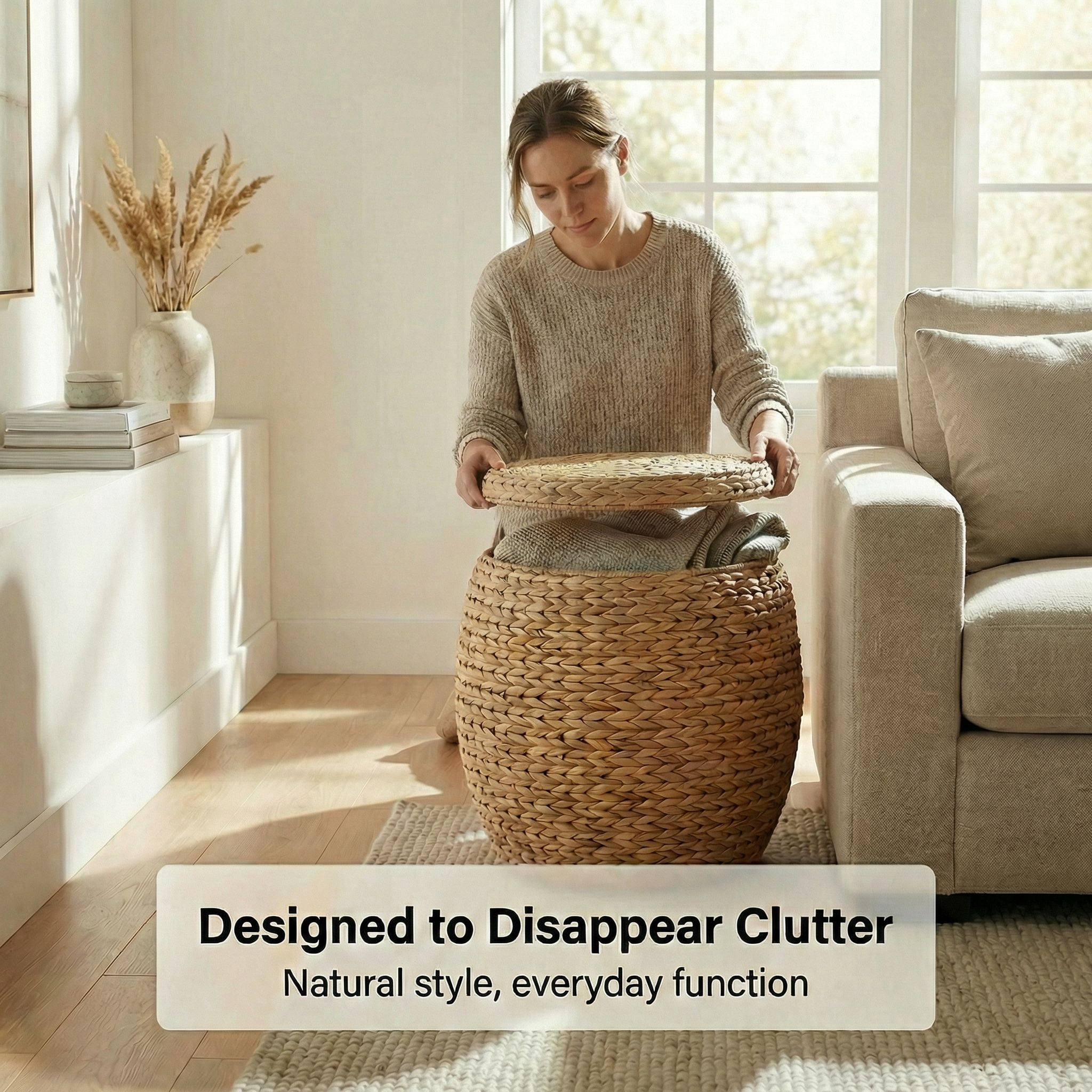 DEILSY Natural Round Water Hyacinth Storage Basket with Lid - Multipurpose Woven Storage Basket, Decorative Round Woven Basket for Living Room, Closet, Bedroom, Bathroom or Laundry