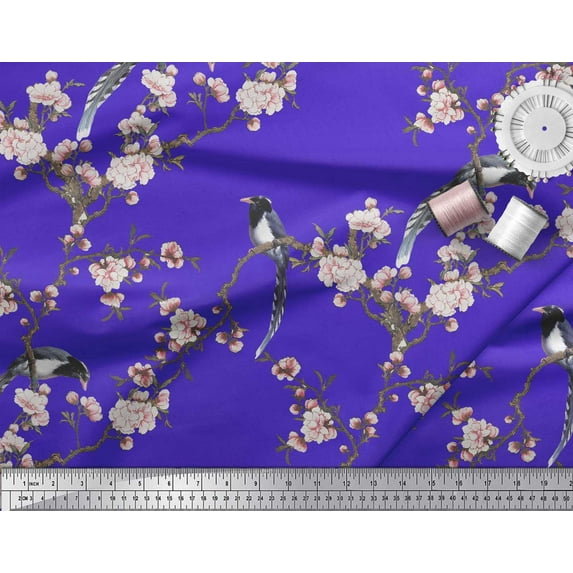 Soimoi Blue Georgette Viscose Fabric Floral & Paradise Whydah Bird Print Fabric by Yard 44 Inch Wide