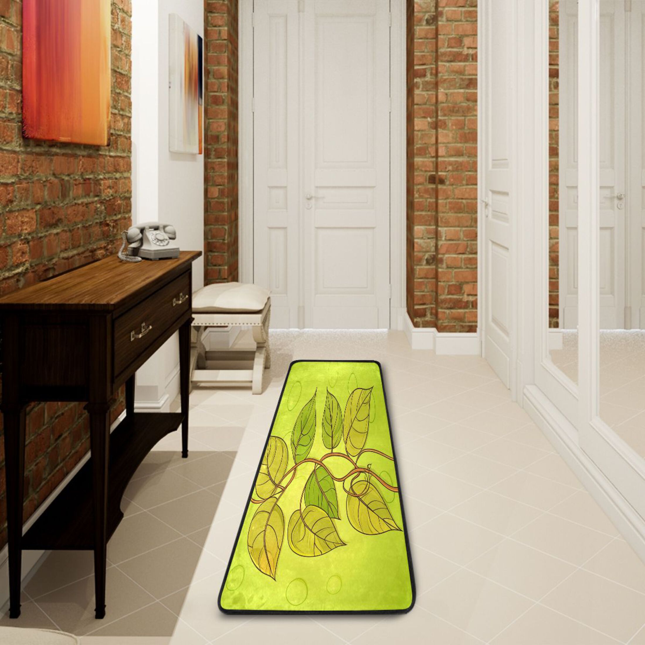 Yellow and Green Leaves 72x24" Runner Rug, Non-Slip Memory Foam Cushion, Anti-Crease for Hallways and Bedrooms