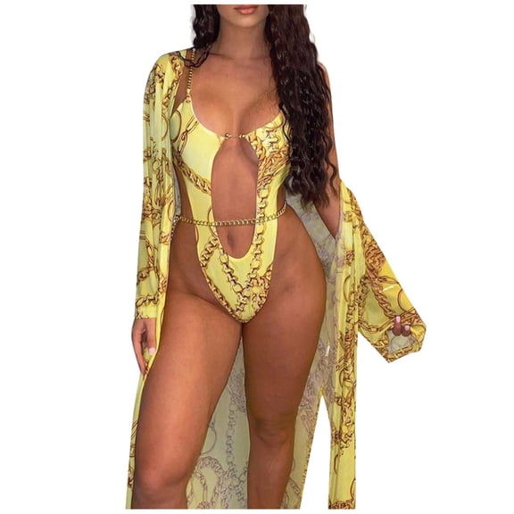 Miluxas Plus size Swimsuits clearance Women's Hollow Metal Chain Personalized Printed One-Piece Swimsuit Yellow 6(M)
