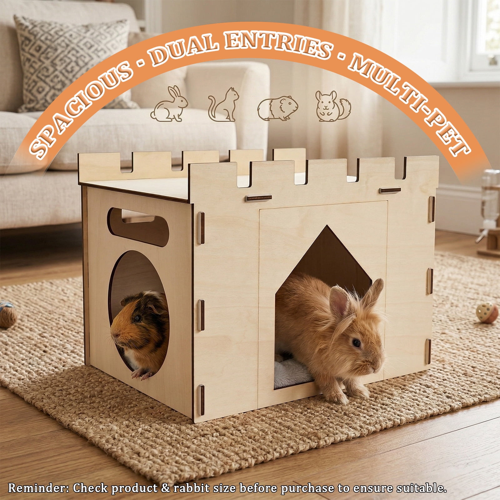 Wooden Bunny Castle House Easy Assembly Large Rabbit Hideout House Detachable Rabbit Castle Playhouse for Guinea Pig Chinchilla Gift for Rabbit Lover Wood
