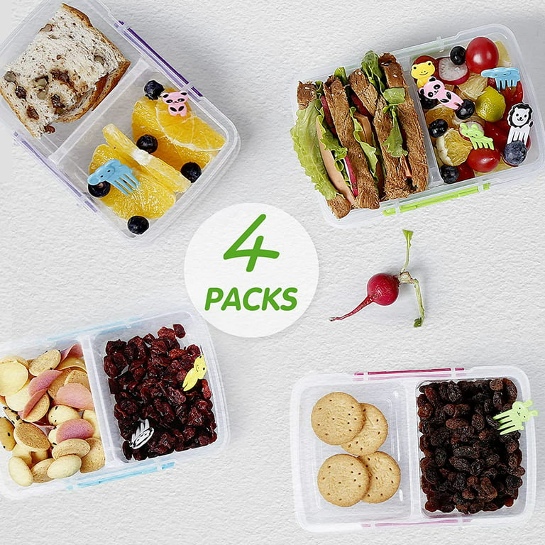 Loobuu 4 Pack Plastic Snack Containers for Kids Bento Boxs with 2  Compartments Travel Snack Container Sandwiches/Fruits/Candies Food Storage  Containers BPA Free Dishwasher Safe 