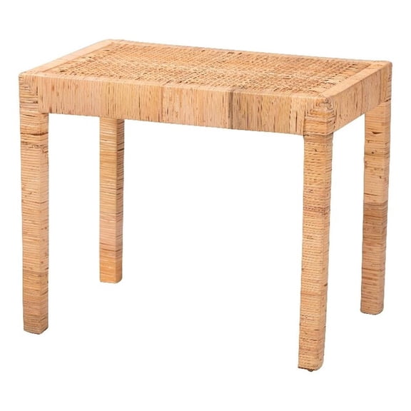 Baxton Studio Abelia Modern Bohemian Natural Rattan and Mahogany Wood Short Accent Bench