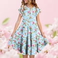 thumbnail image 2 of Bainana Summer Dresses For Girls Tie Dye Floral Print Ruffled Sleeve Crew Neck Dress Breathable Casual Little Girls Holiday Party Street Wear Light Blue Size 8-9 Years, 2 of 5