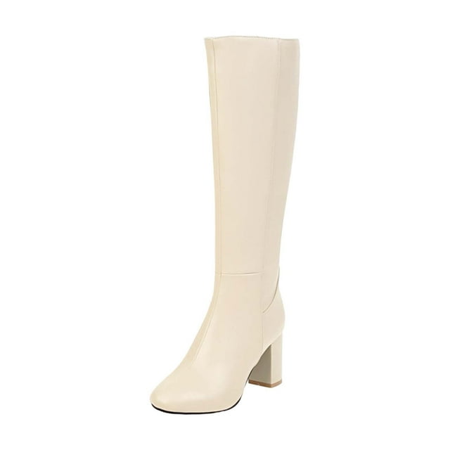 NOKIO Women’s Slouch𝗒 Knee High Boots Wide Calf Pointed Toe Chun𝗄y Heel Winter Western Riding Boots Warm Comfortable Non-Slip Sole