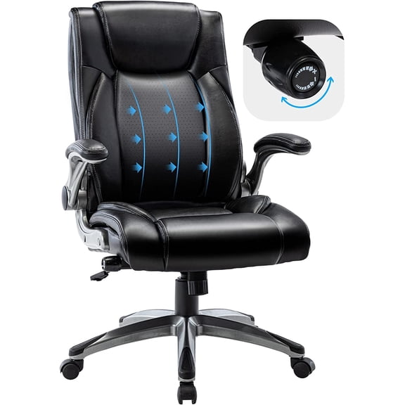 XH Executive Office Ergonomic Chair with Thick Bonded Leather, Flip-up Armrests, High Back Adjustable Height and Tilt for Working, Study, Gaming