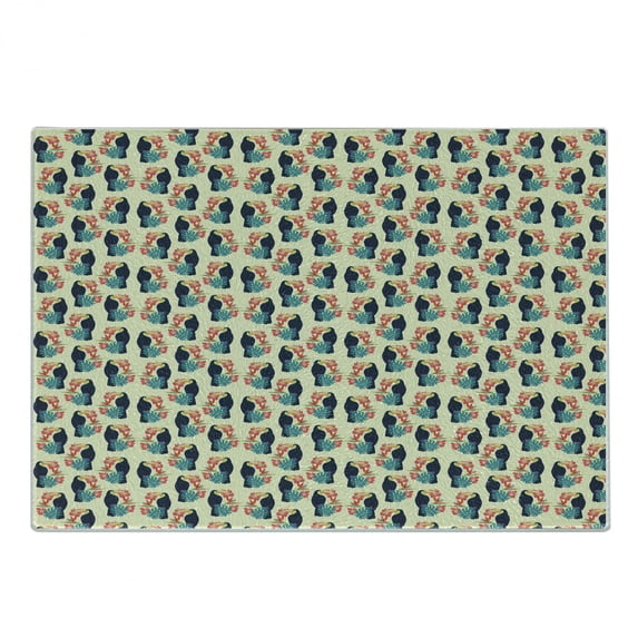 Tropical Cutting Board, Exotic Repetition with Toucan Bird Hibiscus Bird of Paradise and Monstera, Decorative Tempered Glass Cutting and Serving Board, in 3 Sizes, by Ambesonne