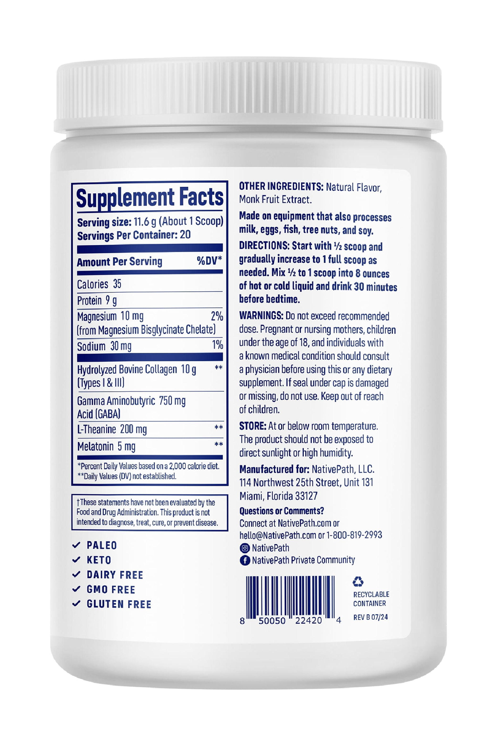 NativePath Collagen PM Lemon, Sleep Support with Melatonin & Magnesium, Gluten-Free, 20 Servings