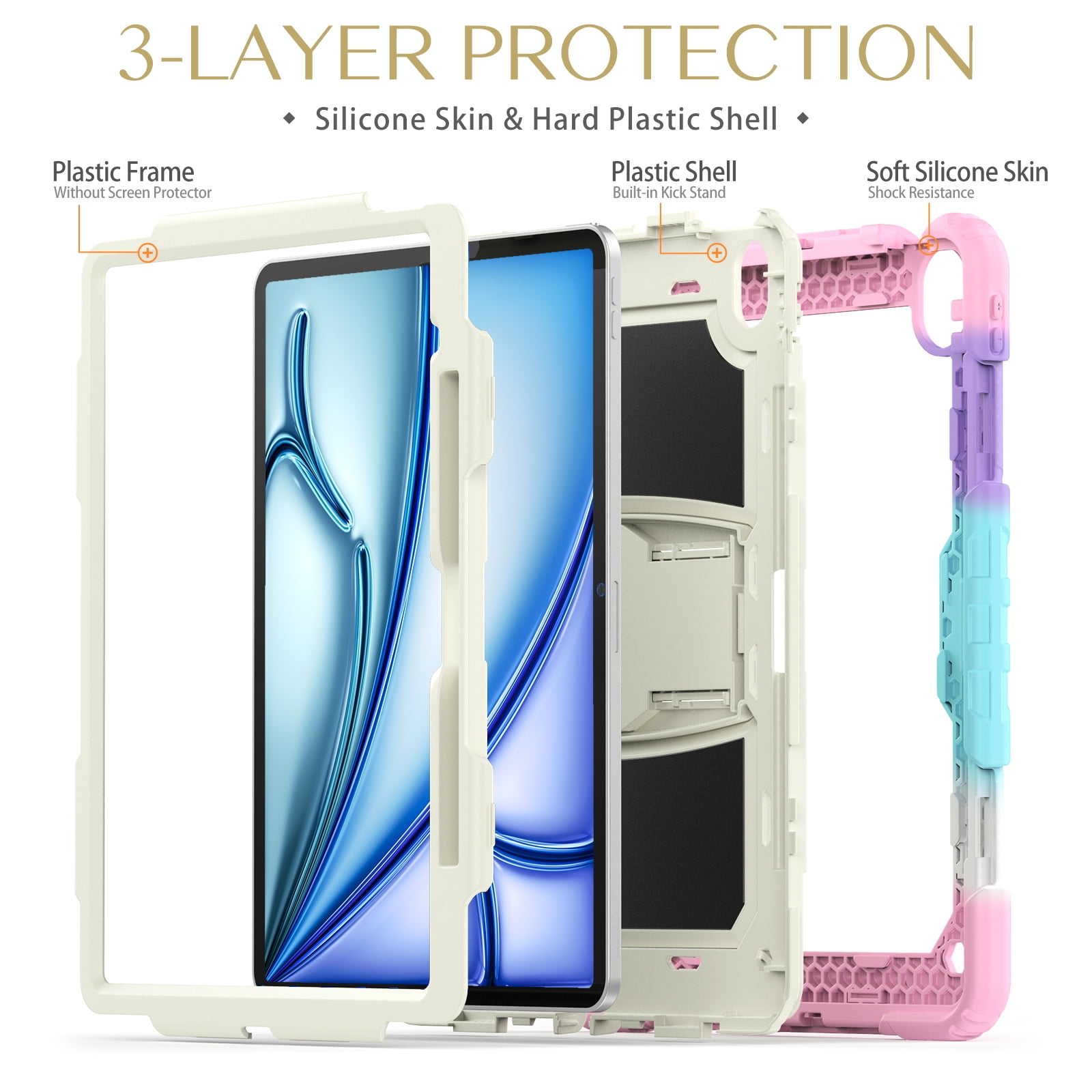 Rugged Case For Apple iPad Air 13 (2024) – 3-Layer Protection Shockproof Stand Cover with Screen Protector, Adjustable Stand, Shoulder Strap, & Pencil Holder -- Colorful Pink
