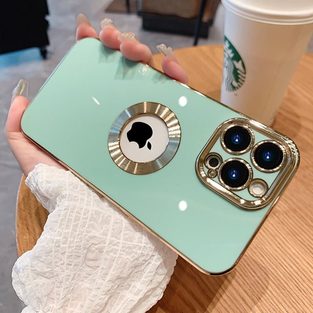Funda de silicona suave con logotipo chapado de lujo para iPhone, 11, 12, 13, 14 Pro Max, X, XS, XR, 7, 8 Plus, SE, lente, cubierta protectora de cámara completa Fivean unisex