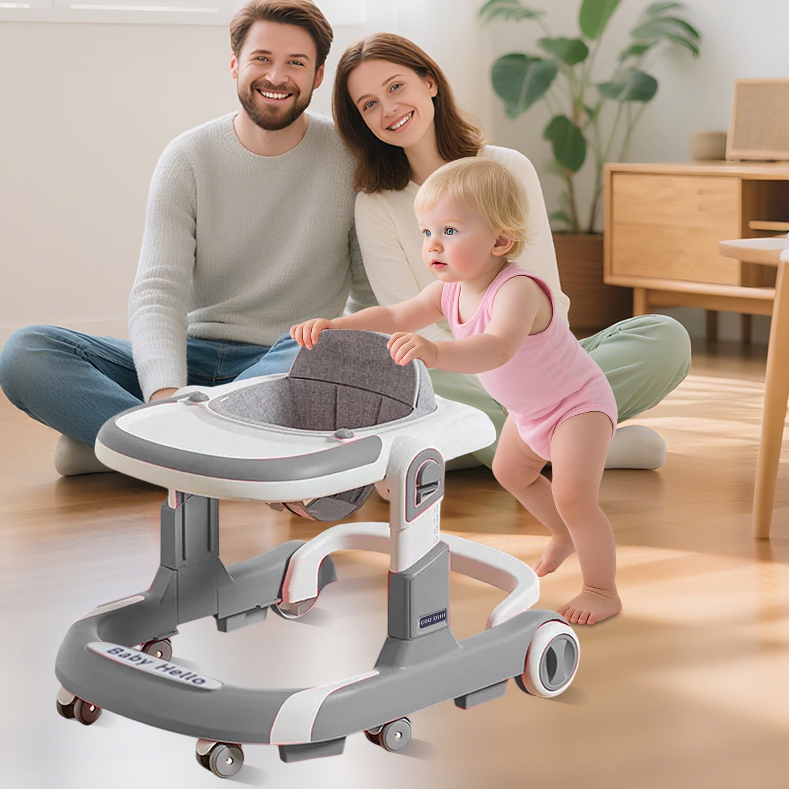 LUOLUO 5-in-1 Foldable Baby Walker with Foot Pads/Handles for Boys and Girls 6-24 Months,Gray