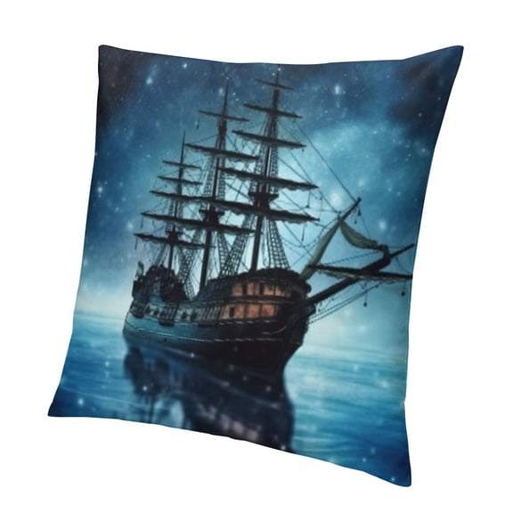 Pirate Ship Throw Pillow Cushion Cover, Ship on Dark Blue Sea with Starry Night Sky Water Reflection, Decorative Square Accent Pillow Case, Dark Blue Pale Blue Black