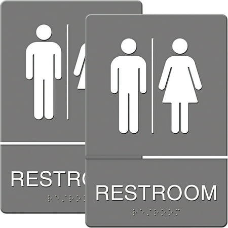 Headline Sign ADA Sign, Restroom Symbol Tactile Graphic, Molded Plastic, 6; x 9;, Gray, Bundle of 2