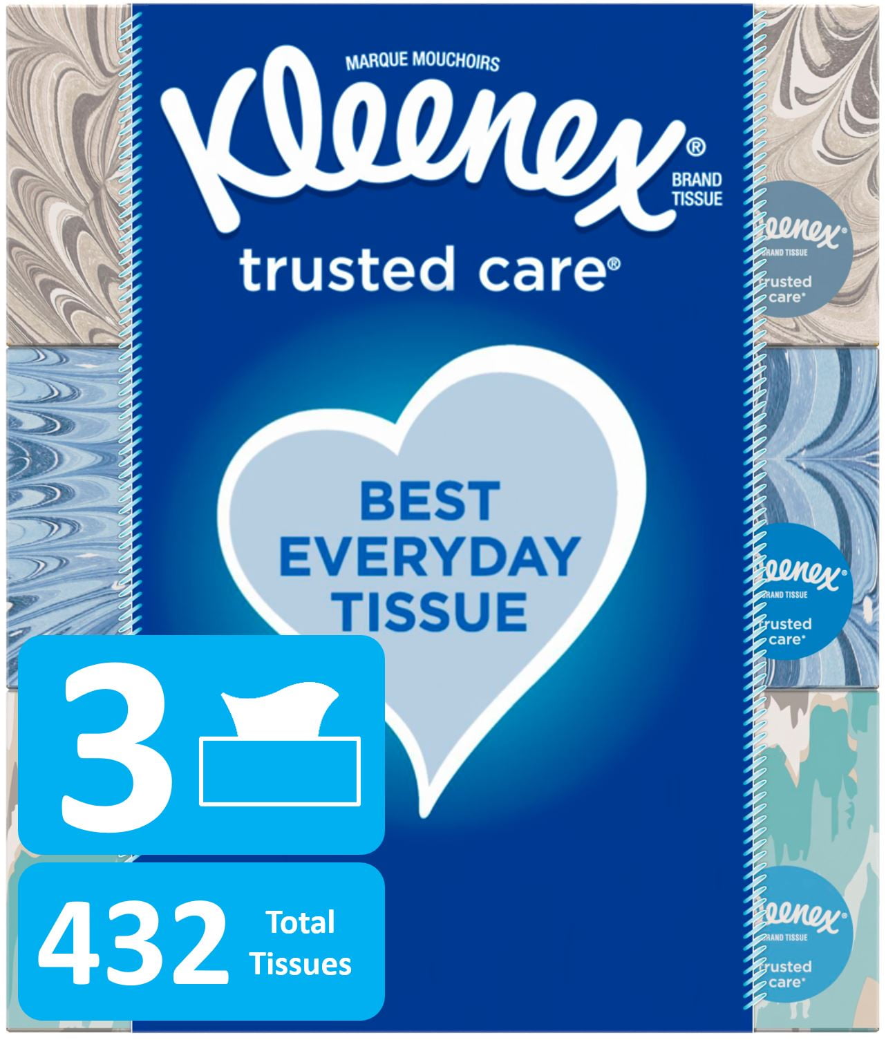 Kleenex Trusted Care Everyday Facial Tissues, 3 Flat Boxes, 144 Tissues