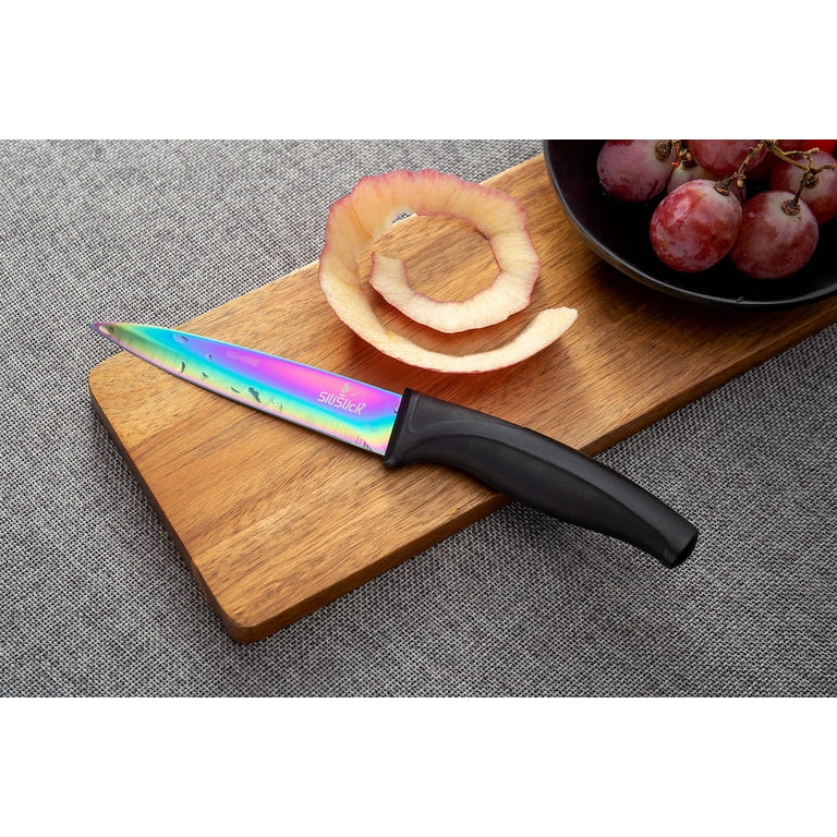 Deik Serrated Steak Knives, Stainless Steel Steak Knife Set of 8, Rainbow Titanium Color
