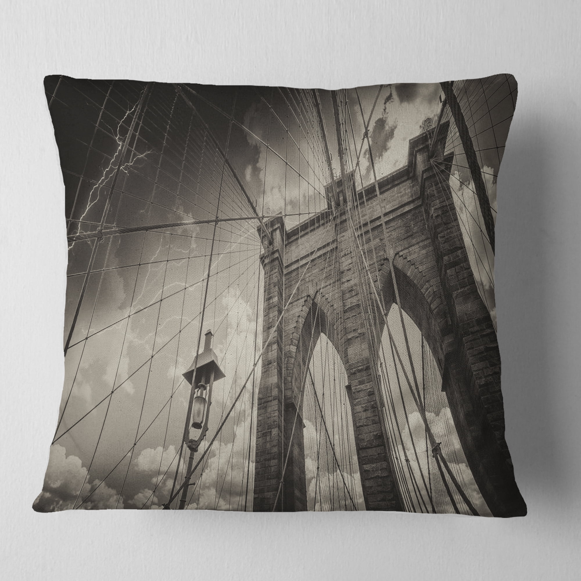 Designart Upward View of Brooklyn Bridge - Cityscape Photo Throw Pillow - 16x16