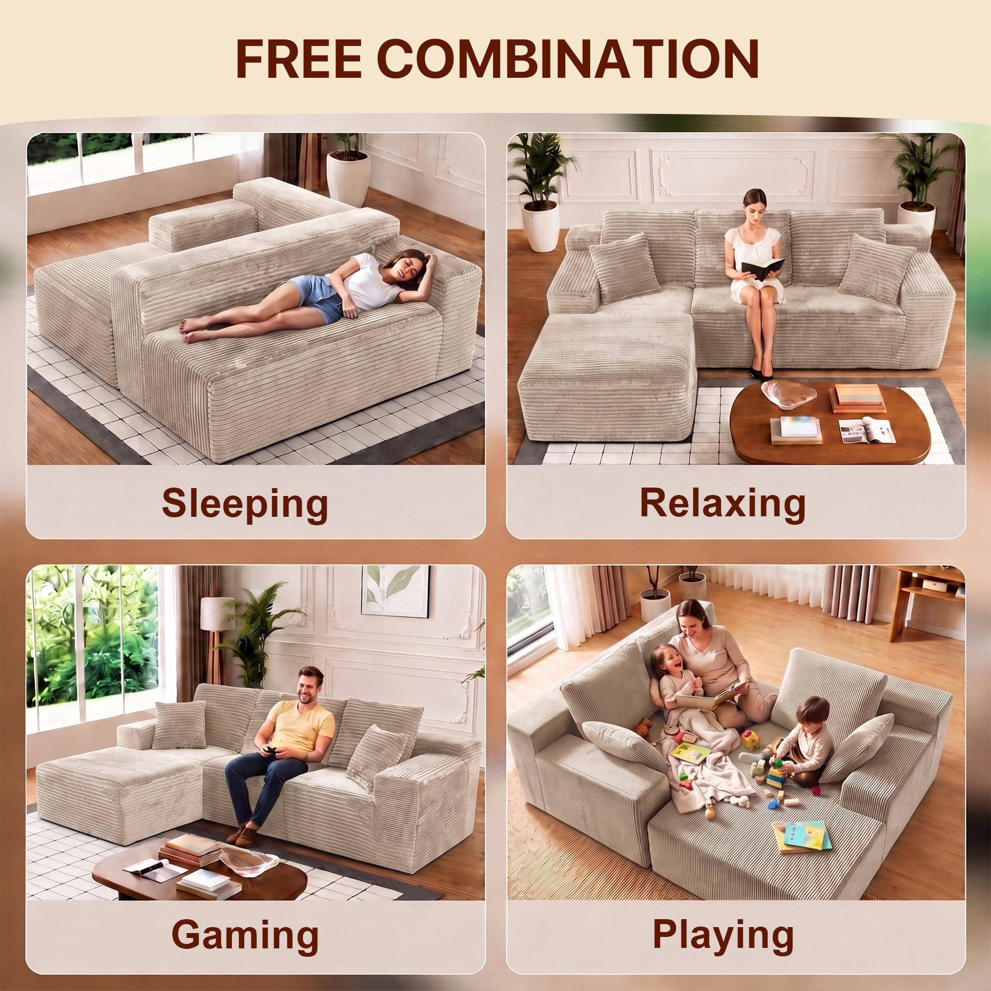 Aukfa 108" Cloud Sectional Sofa Deep Seat Boneless Couch Modular L-Shaped Couch, Left Chaise Corduroy Sofa for Living Room, Khaki