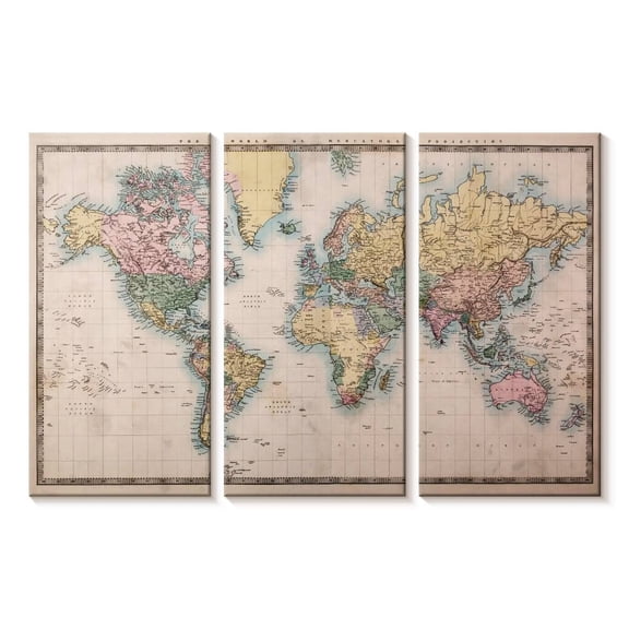 Elephant Stock Mercator Projection World Map Wall Art - Horizontal Multi Panel Canvas - Living Room Wall Decor - Map Multi Panel - Beige And Gray Decor - 23" x 14"