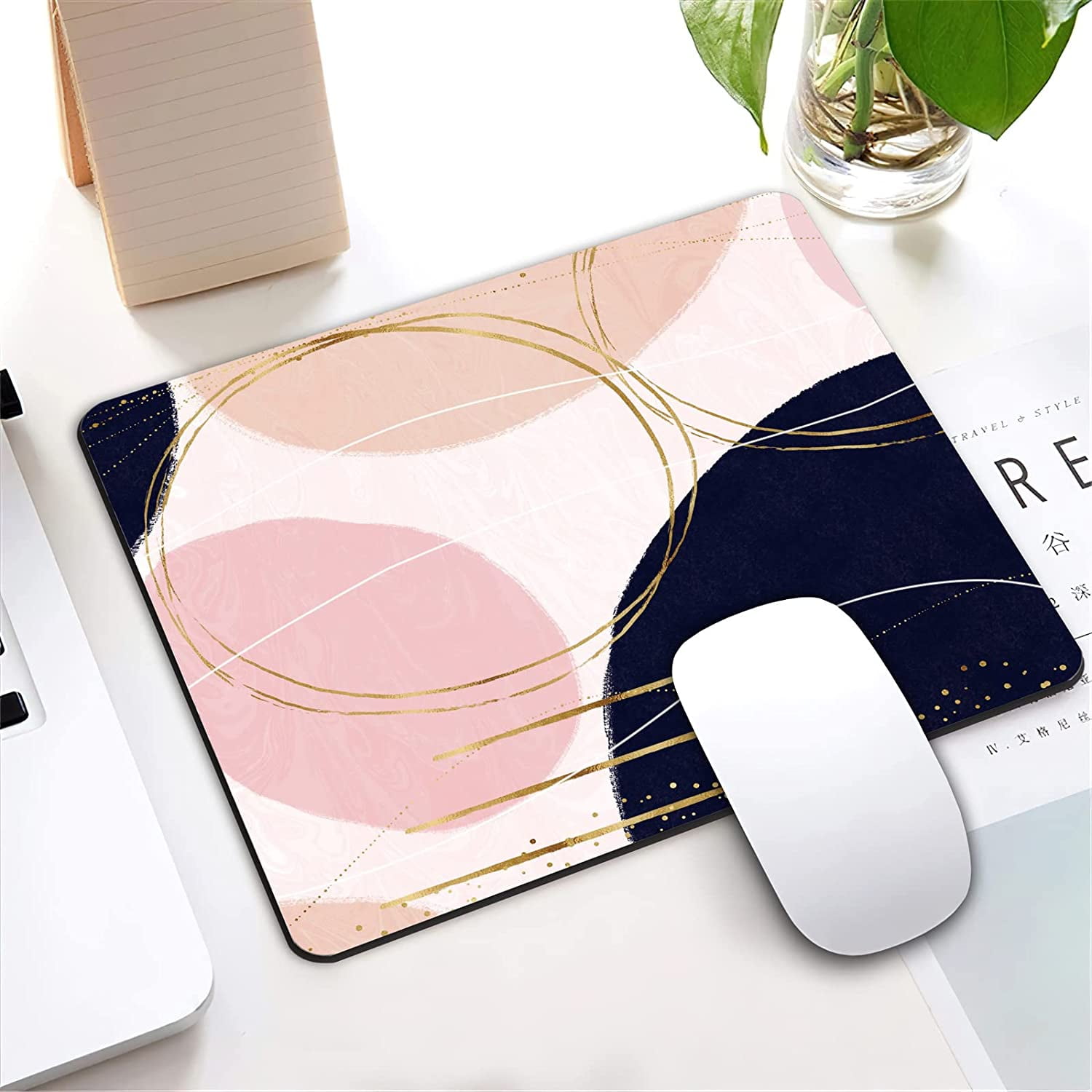 Modern Simple Designs Mouse Pad Pink Blue Gold Gaming Mousepad Non Slip Rubber Square Small Mouse Pads for Wireless Mouse Laptop Computer Mouse Mat Women Girly Office Desk Decor Accessories
