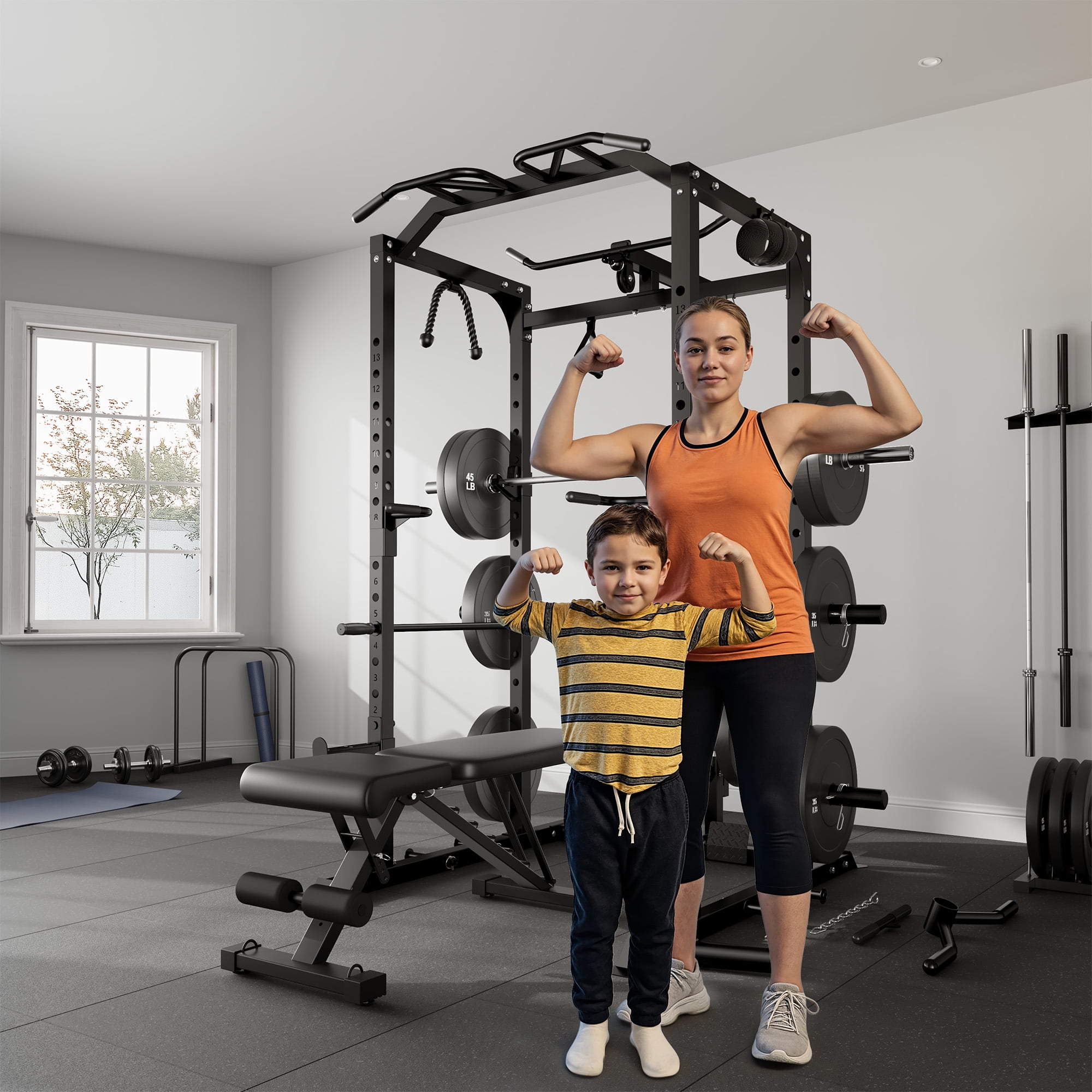 Power Cage, 2000LBS Squat Rack with LAT Pulldown, Multi-Function Weight Cage Strength Training Machine, Workout Cage with More Attachments for Home Gym Garage