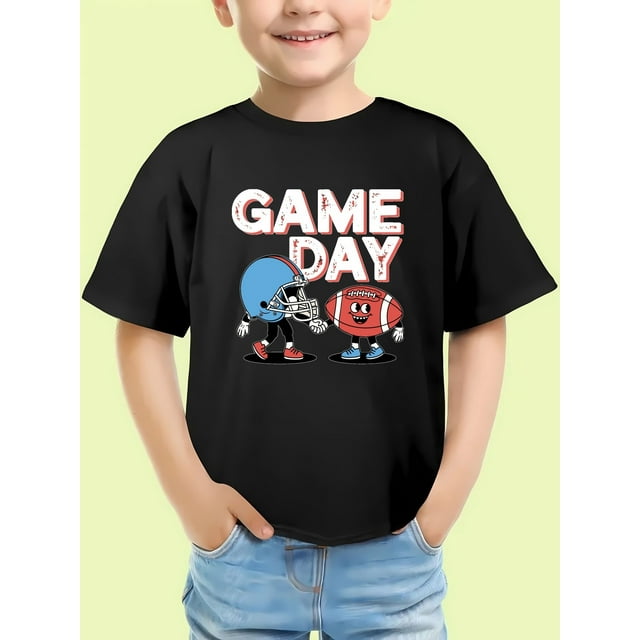 T-shirt de Rugby - Coton Manches Courtes Col Rond avec Graphique de Joueur de Rugby Dessin Animé, Haut d'Été Décontracté Confortable pour Jeunes, T-shirt Quotidien / Tee Graphique Ludique / Short Moyen Extensible pour Garçons