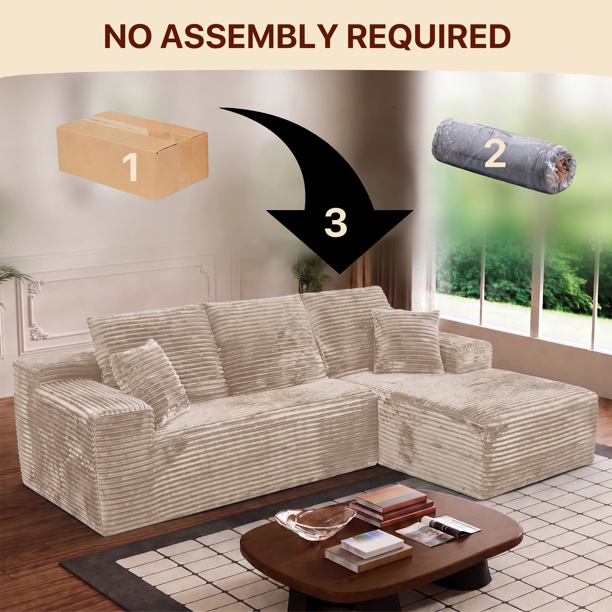 Aukfa 108" Cloud Sectional Sofa Deep Seat Boneless Couch Modular L-Shaped Couch, Rihgt Chaise Corduroy Sofa for Living Room, Khaki