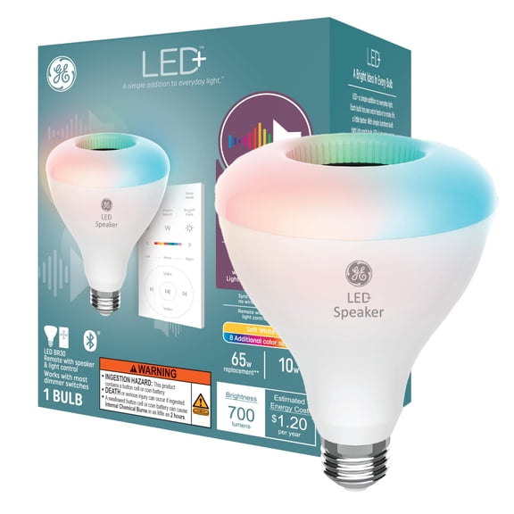 GE 93129778 LED Speaker Light Bulb with Remote, Multicolor Syncs to Music, BR30, 10 Watt - Quantity 1