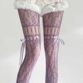 thumbnail image 4 of Women Hollow Out Lace Bow Tie Fishnet Tights, Y2K Millennium Style Floral Mesh Pantyhose, Vintage Japanese Cute Strap Lace Up Sheer Hosiery for Daily Outfits Party Wear(Purple), 4 of 5