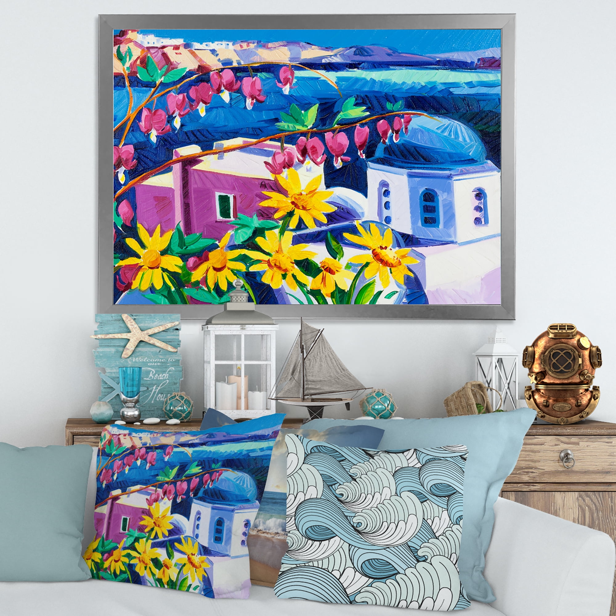 Designart 'Colorful Traditional Santorini Churches Among Flowers' Nautical & Coastal Framed Art Print