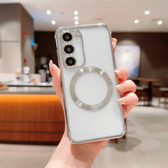 Luxury Magnetic Case For Samsung Galaxy S25 FE, Electroplated Clear Slim Cover with Built-in Full Camera Lens Protection Compatible with MagSafe Charger Shockproof Rubber Back Case,Silver