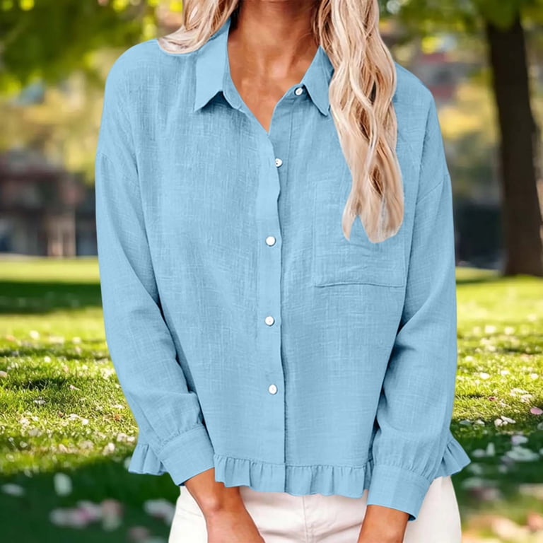 LNWUY Shirts for Women Summer Fashion Linen Button Down Shirt Cute Ruffle Long Sleeve Tops Casual Vacation Spring Outfits Blue L