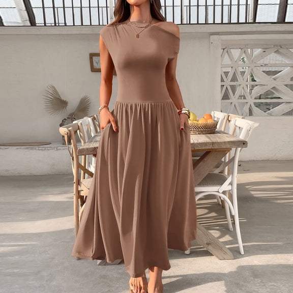 GaThRRgYP Women's Pleated Short Sleeve Dress,Women's Fashion Solid Color Short Sleeve Pocket Elastic Long Dress Coffee S