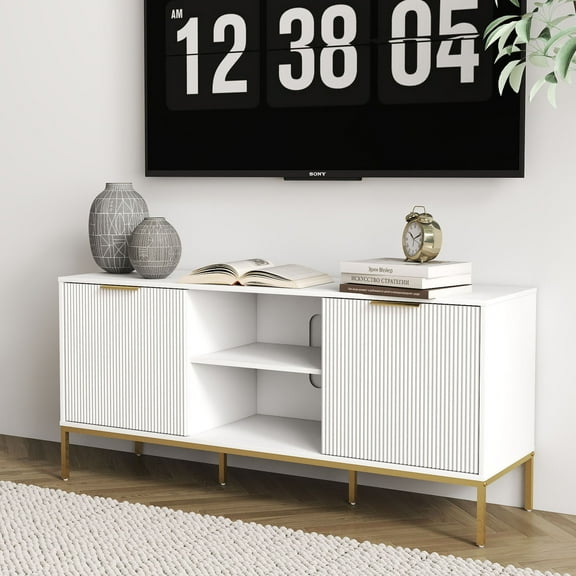 Modern White TV Stand with Wave-Design Doors and Gold Legs - Adjustable Shelf for 60-69" TVs