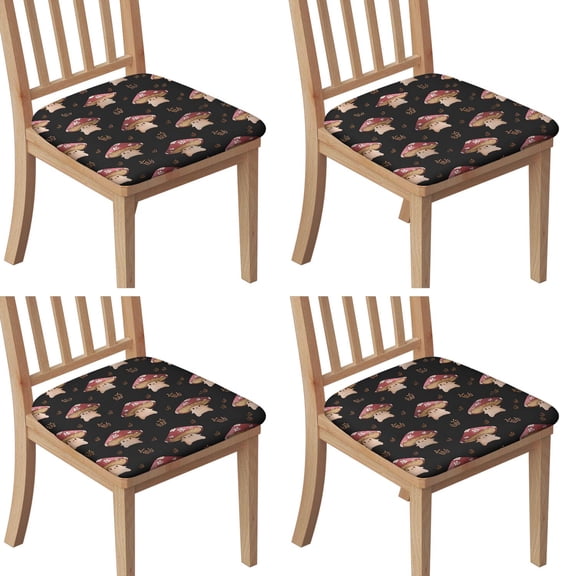 Red Mushroom Cartoon Black Pattern Seat Covers for Dining Room Chairs Set Of 4,Stretch Printed Washable Chair Seat Cover with Elastic Ties and Button,Removable Waterproof Couch Cushion Covers