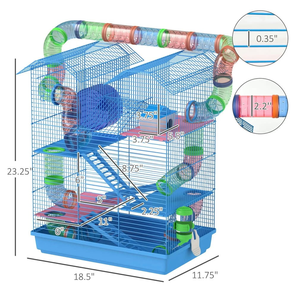 GVN Hamster Cage, Small Hamster Habitat,5 Tier Hamster Cage with Tubes and Tunnels, Rat Gerbil Cage with Water Bottle, Blue