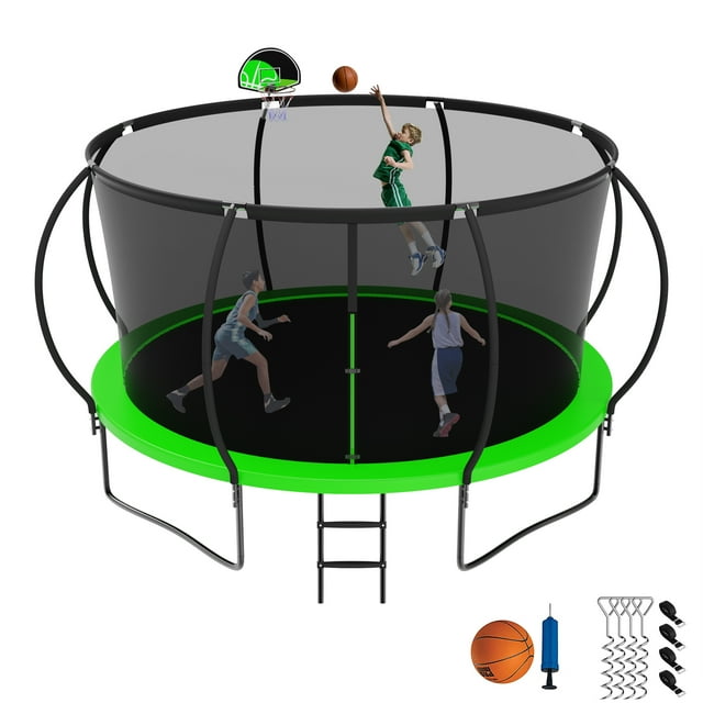 Jump Into Fun Trampoline 12FT, 1200LBS Trampoline for Adults Kids, Trampoline with Enclosure, Basketball Hoop, Wind Stakes & Ladder, Recreational Outdoor Heavy Duty Trampoline