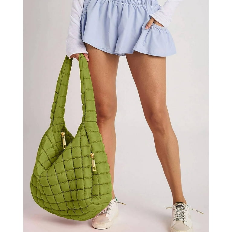 Casual Large Capacity Tote Shoulder Bags Designer Ruched Handbag Nylon  Quilted Padded Crossbody Bag Female Big Purse (Green)