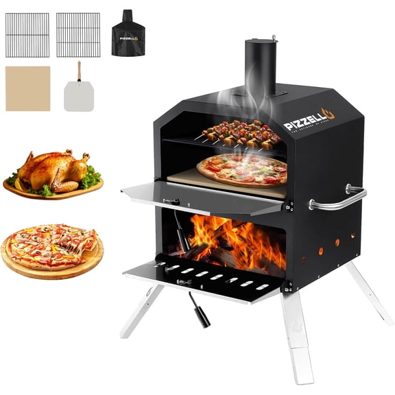 16" Outdoor Pizza Oven, Wood Fired 2-Layer Pizza Oven | Portable Pizza Maker with Stone, Pizza Peel, Cover,Removable Cooking Rack for Camping, Backyard, BBQ, Black