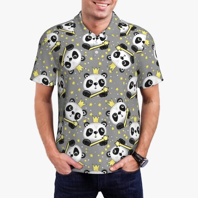 Fotbe Panda With Crown And Stars Camiseta Polo de Golf para Hombre con Estampado – Camisa Deportiva Transpirable con Cuello Abotonado-Medium