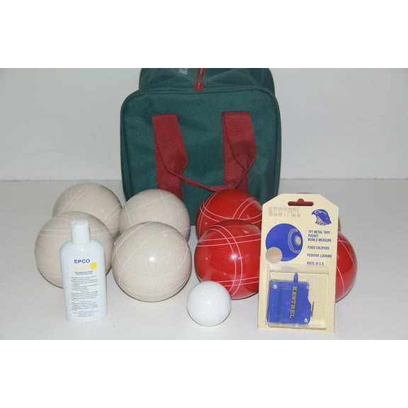 Italian/American Made, 110mm EPCO Bocce Set - Rustic White/Red Balls, Ball Polish, Kestrel Measuring Device and Green/Maroon Bag