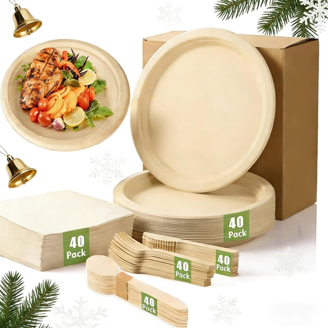 Platos para Fiesta Elegantes para 40 Invitados, Cubiertos, Vajilla de 200 piezas, Platos Ecológico, Tenedores, Cucharas, cuchillos, Servilletas