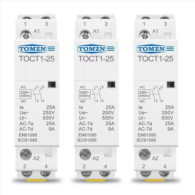 3X Contactor Modular de CA DomésticoTOCT1-25, 2P, 25A, 220 V/230 V, 50/60 Hz, Riel DIN, 2 NA