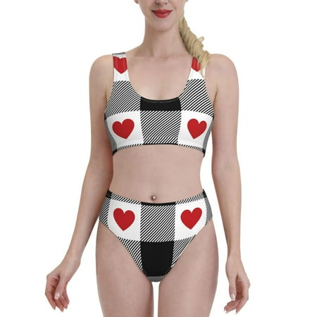 Bixox Heart Black Buffalo Plaid Gingham Pattern Two-Piece Sports Bikini with U-Shaped Top and High-Waist Bottom - Women s Swimwear with Removable Bra Pads
