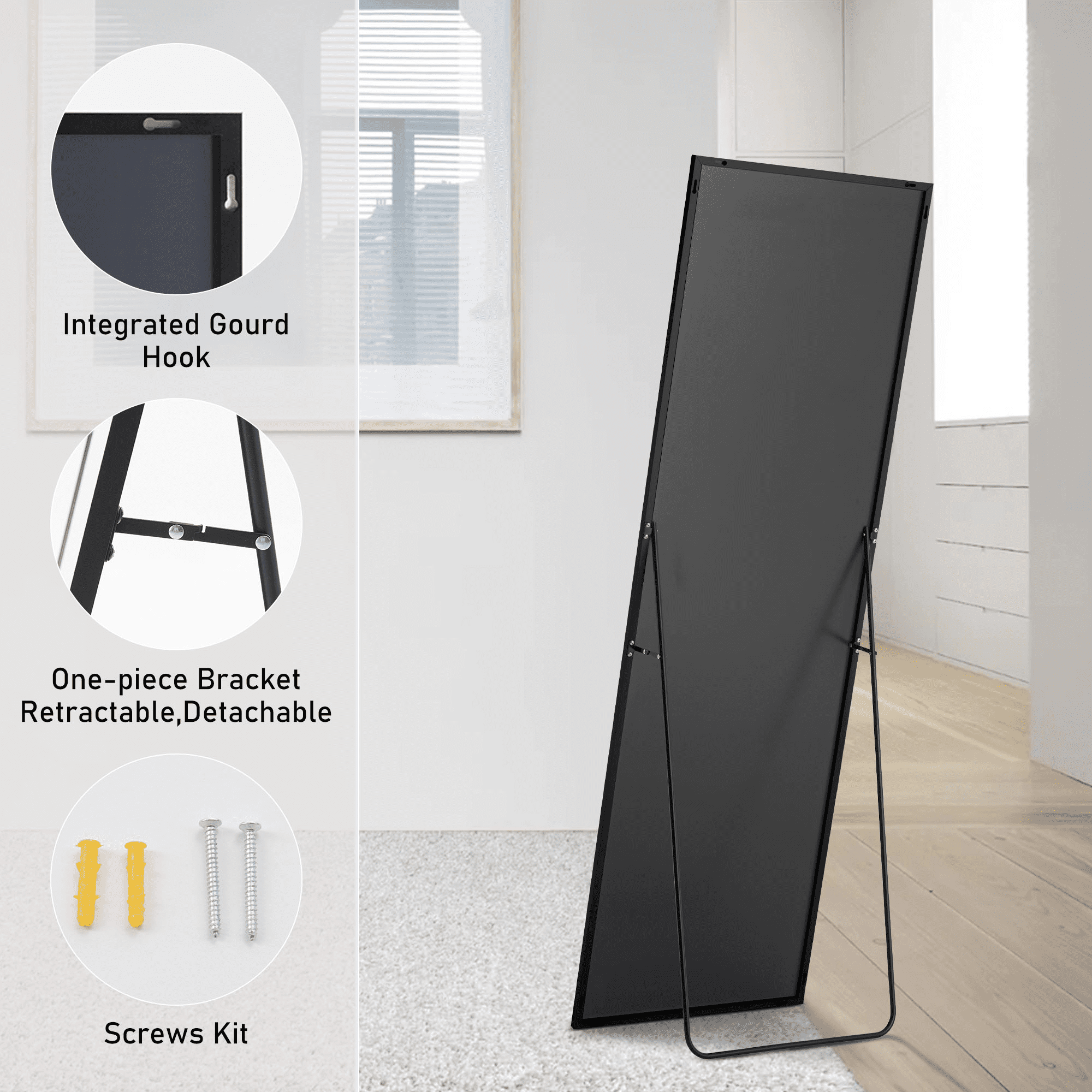 MAYEERTY 63"x20" Rectangular Full-Length Mirror - Floor Standing Full-Body Mirror, Black