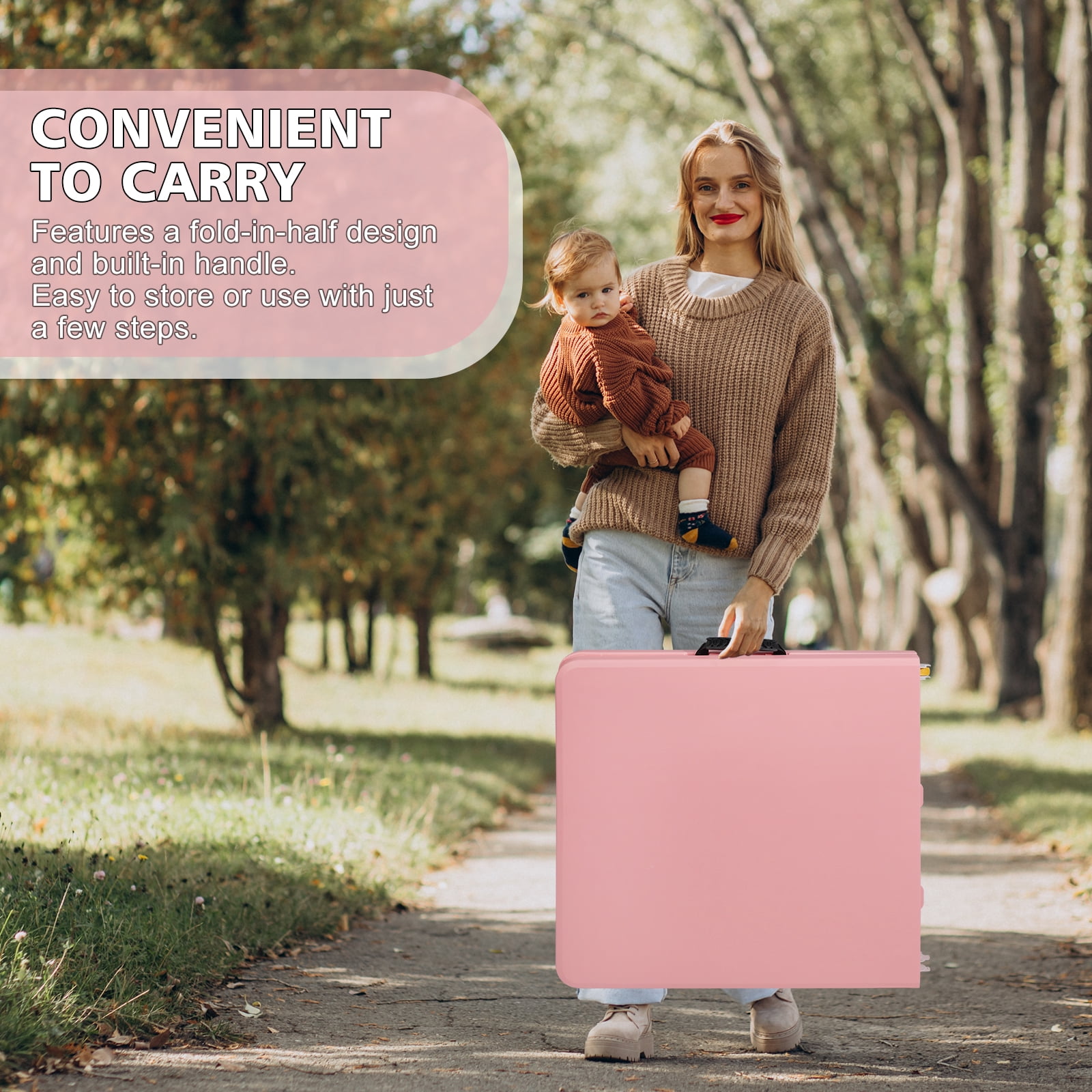 4ft Pink Portable Folding Table Indoor Outdoor, Max 135KG Heavy Duty HDPE Foldable Camping Table with Powder Coated Steel Legs, No Assembly Required for Picnic Party Banquet