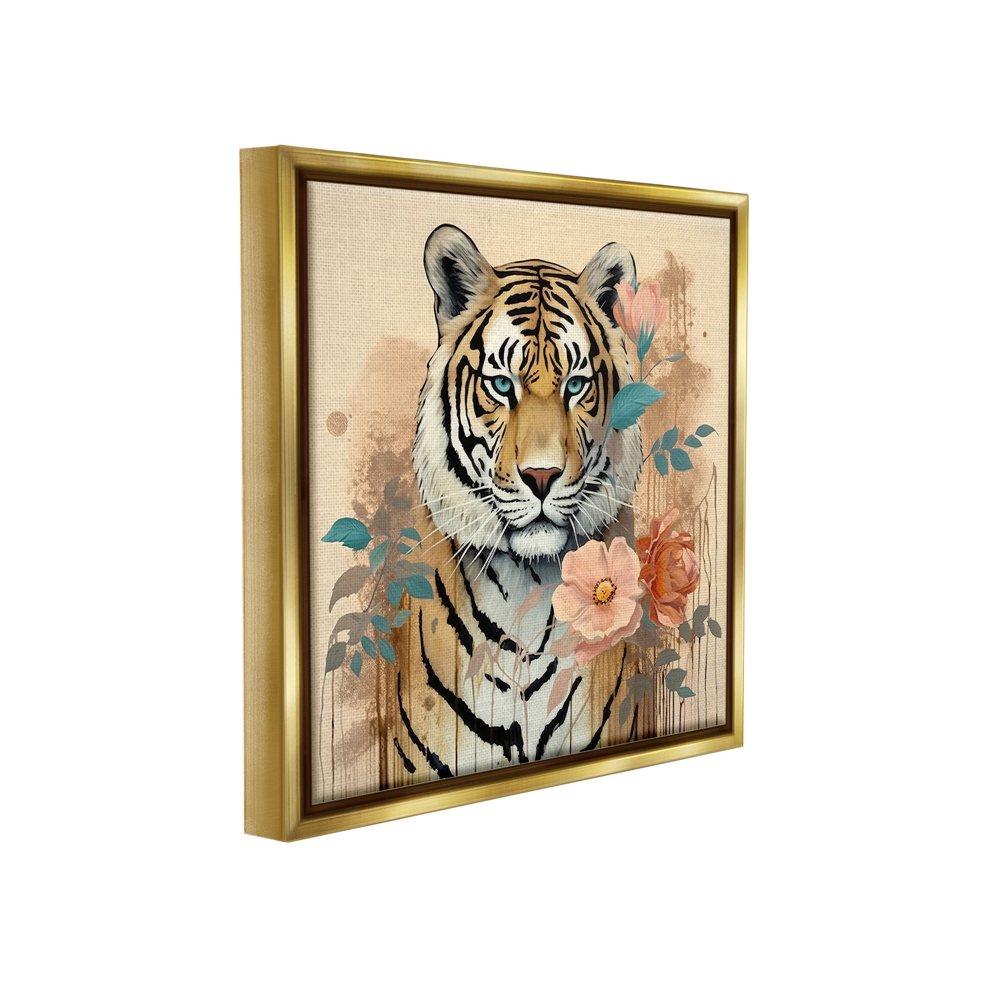 Stupell Industries Modern Floral Tiger Animals & Insects Painting Gold Floater Framed Canvas Art Print Wall Art, 25 x 25
